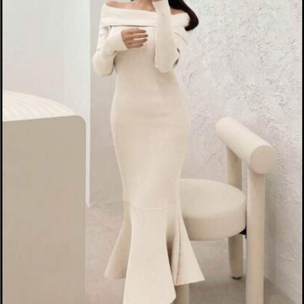 SHEIN Cream Off-Shoulder Long Sleeve Dress